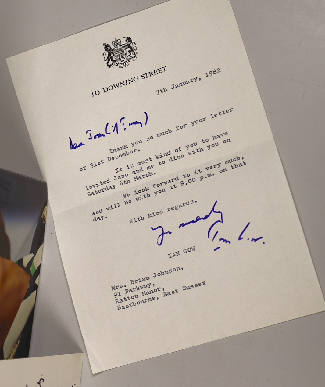 British Politics - Margaret Thatcher inscribed card to 'Judy', signed book and a letter from Ian Gow, 7th Jan 1982 on 10 Downing Street headed paper